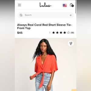 Lulu’s Always Real Coral Red Short Sleeve Tie-Front Top